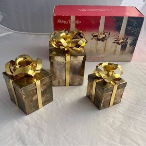 Vintage Two-Tone Metal Present Box Candle Holders - Set of 3